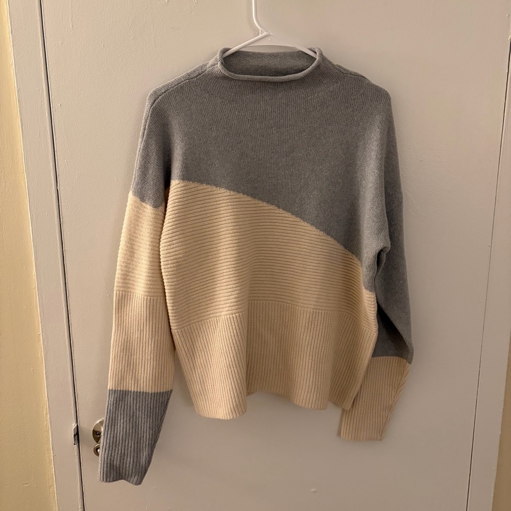 Gray and Cream Asymmetric Colorblock Sweater